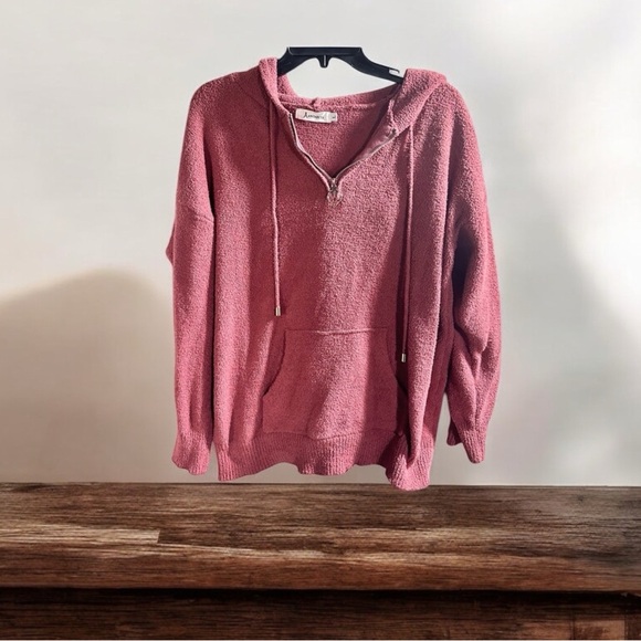 Anrabess Plush Mauve Pink Hooded Swearshirt Quarter Zip Size Large - Picture 1 of 6